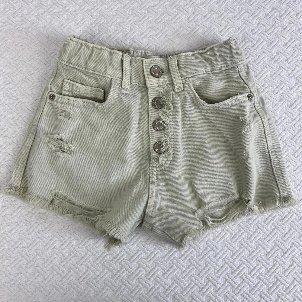 Zara Girls 7 Pale Green Wash Distressed Snap Denim High Rise Shorts 1879/603